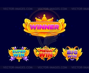 Game win popup banner and victory sign badges - royalty-free vector clipart