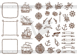 Vintage map sketch ships, compass, ropes, anchors - vector image