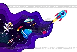 Space rocket launch. Cartoon astronaut, planets - vector clipart