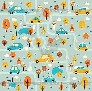 Kid car seamless pattern, roads, trees, vehicles - vector clipart