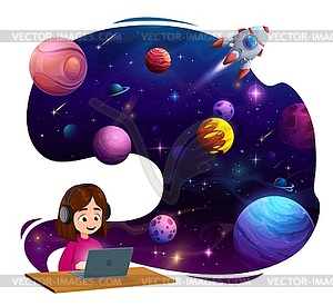 Child girl sitting with laptop dreaming of space - vector clipart