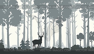 Silhouettes of morning forest with deer and trees - vector clip art