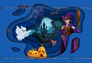 Halloween paper cut landscape with cartoon witch - vector image