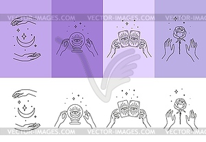 Мистическая татуировка с руками, луной, картами таро, розами - векторное изображение
