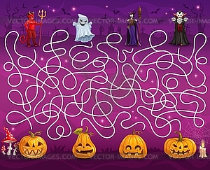 Halloween labyrinth maze game, cartoon riddle - vector image