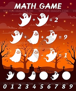 Math game worksheet with cemetery Halloween ghosts - vector clip art