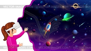 Cartoon girl kid in vr helmet dreaming about space - vector clipart