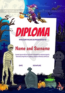 Kids diploma Halloween monsters, witch on cemetery - vector clipart