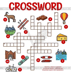 Switzerland Swiss items crossword puzzle worksheet - color vector clipart