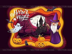Вырезанный из бумаги баннер на Хэллоуин с мультяшным волшебником, замок - клипарт в векторном виде