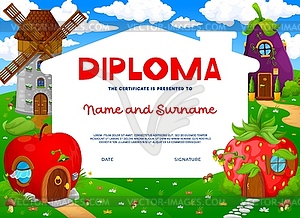 Kids diploma with cartoon fairytale houses - color vector clipart