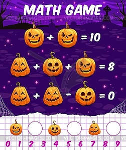 Math game worksheet cartoon halloween pumpkins - vector clipart