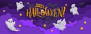 Halloween paper cut banner with flying ghost, bats - vector image