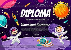 Kids diploma, cartoon astronauts, alien on planet - vector clipart