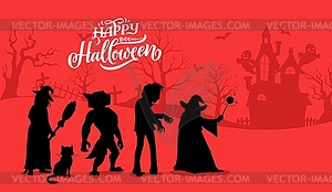 Фон с силуэтами персонажей Хэллоуина - векторизованное изображение