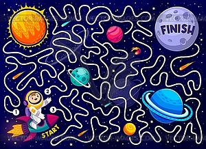 Labyrinth maze game with kid astronaut and planets - vector clip art