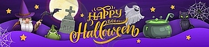 Halloween paper cut banner with wizard, potion pot - vector clip art