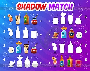 Shadow match game. Cartoon drink characters shades - royalty-free vector clipart