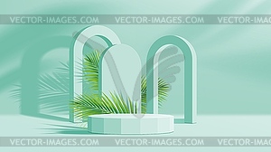 Turquoise podium, palm leaves and arch, display - vector clipart