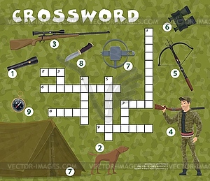 Crossword quiz game with hunting sport equipment - color vector clipart