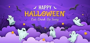 Halloween paper cut banner with cartoon ghosts - royalty-free vector clipart