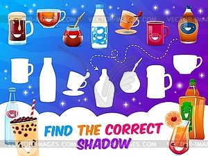 Find correct shadow game, cartoon drink characters - vector clipart