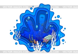 Cartoon tropical sea paper cut underwater, fishes - royalty-free vector clipart