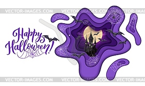 Вырезка из бумаги на Хэллоуин, полуночный замок, летающие летучие мыши - изображение в векторном формате