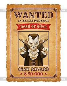 Halloween wanted banner, cartoon dracula monster - vector image