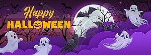Halloween paper cut with clouds, ghosts and bats - vector clip art
