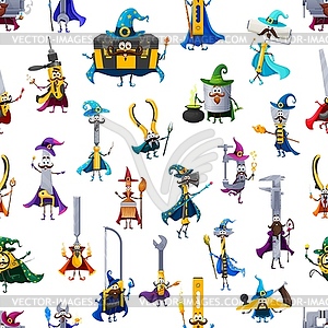 Cartoon tools wizard characters seamless pattern - vector clipart