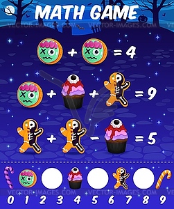 Math game worksheet with cartoon Halloween sweets - vector image