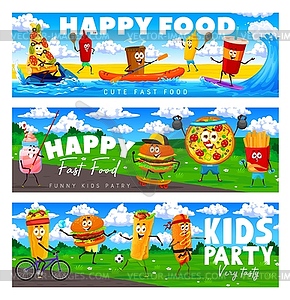 Cartoon fastfood characters on sport vacation - vector image