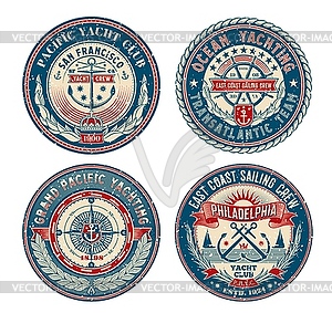 Yacht club retro patches, regatta nautical badges - vector image