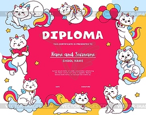 Kids diploma with cartoon cute caticorn characters - vector clip art