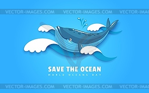 World oceans day, cartoon blue whale in paper cut - vector image