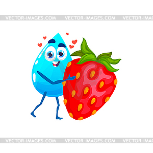 Cartoon happy water drop character with strawberry - vector image