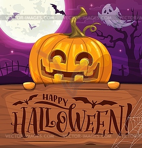 Halloween banner with cartoon pumpkin character - vector image