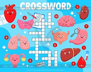 Crossword quiz game grid with cartoon body organs - vector clip art