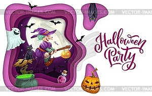 Halloween paper cut witch, magic potion and ghost - vector clipart