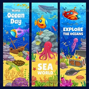 Ocean day, sea world, cartoon underwater landscape - vector clip art