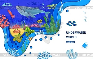 Landing page, cartoon whale, fish shoal and sea - vector clip art