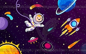 Kid astronaut in outer space, rocketship in galaxy - vector clipart / vector image