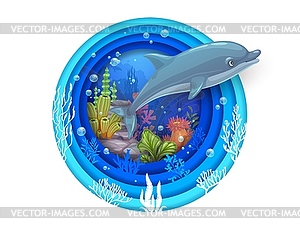 Cartoon dolphin sea paper cut underwater landscape - vector image