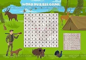 Игра-головоломка с поиском слов, охотничий спорт и животные - иллюстрация в векторном формате