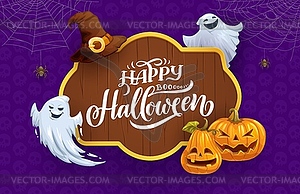 Halloween wooden banner, cartoon pumpkins, ghosts - vector clip art