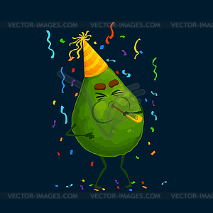 Cartoon avocado character on holiday party fun - vector clip art