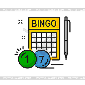 Bingo lottery card and pen, lotto gamble game - vector image