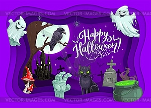 Halloween paper cut with cemetery, castle, ghosts - vector clip art