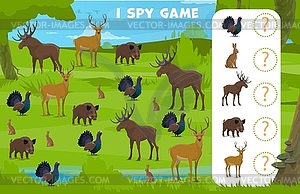 I spy game forest hunting animals, kids worksheet - vector image